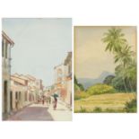 T A De Silva - On the way to Gampola and one other, two Sri Lankan school watercolours, one with