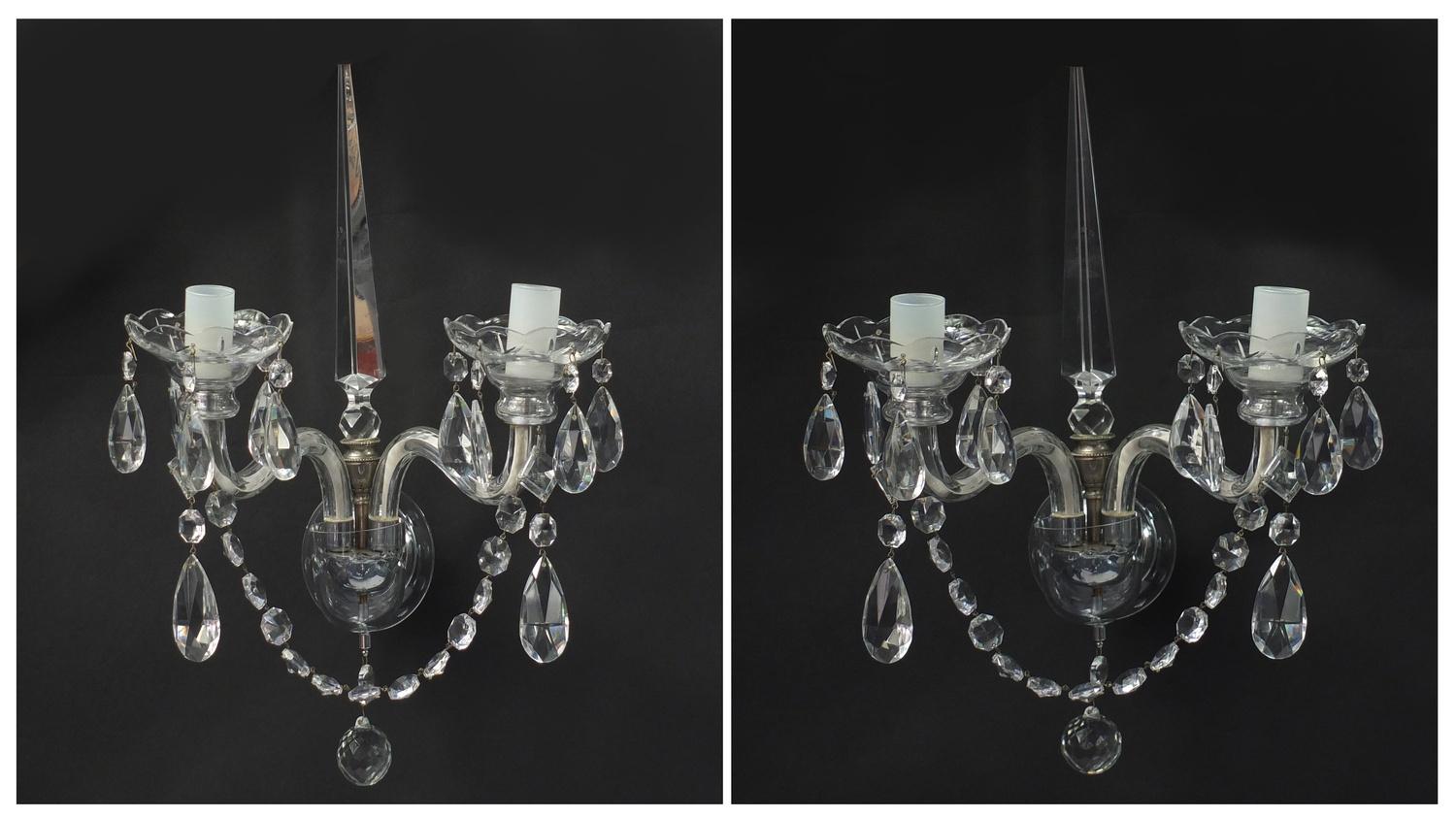 Good pair of crystal two branch wall sconces, possibly Waterford, 40cm high :For Further Condition