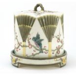 Victorian Aesthetic Majolica cheese dome on stand by Wedgwood, hand painted with birds amongst