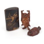 Japanese faux tortoiseshell cigar box, Chinese carved wood figure of Buddha and a mask, the