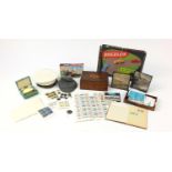 Sundry items including inlaid jewellery box, mint unused stamps and Diversion motor race game :For
