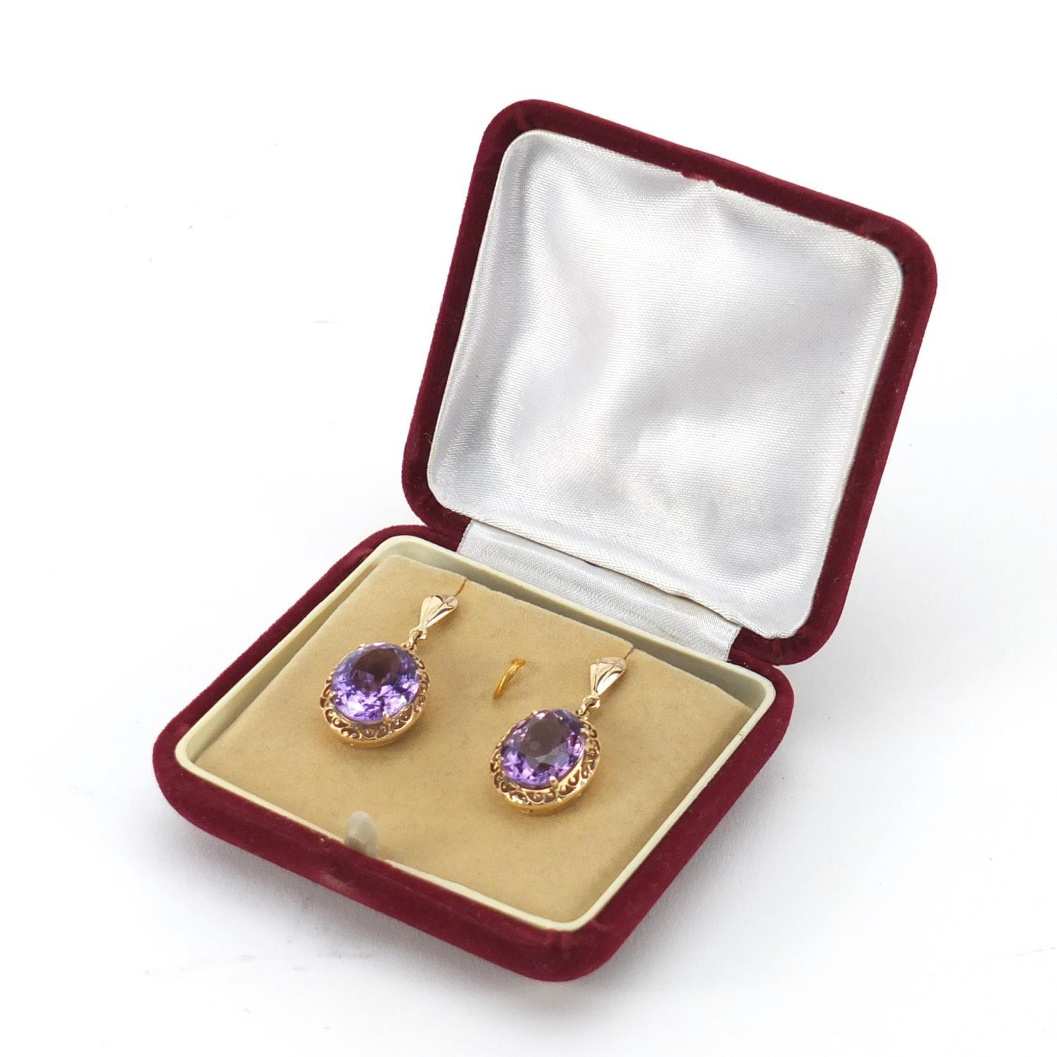 Pair of unmarked gold amethyst earrings, 3.2cm in length, 8.4g :For Further Condition Reports Please - Image 5 of 7