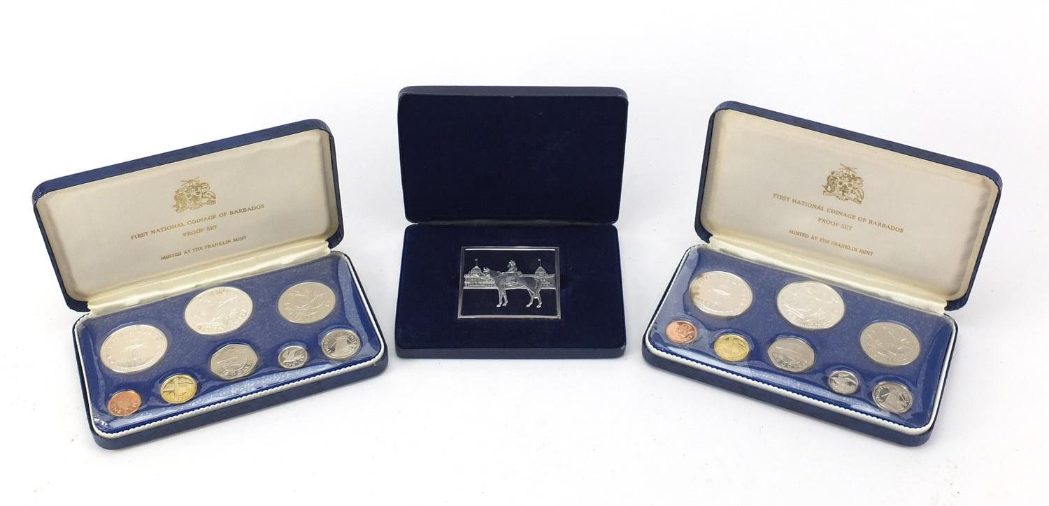 Queen's birthday silver ingot and two Barbados proof coin sets :For Further Condition Reports Please