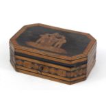 Italian Sorrento ware box with hinged lid, inlaid with three figures around a barrel, 17cm wide :For