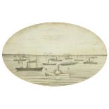 Paddle and steam boats on calm water, 19th century oval pencil, mounted and framed, 26.5cm x 16cm :