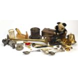 Metalwares including copper box, cut throat razors, brass hunting horn and AA car radiator badge :