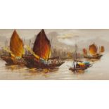 Chinese junks, oil on canvas, framed, 56cm x 27cm :For Further Condition Reports Please Visit Our