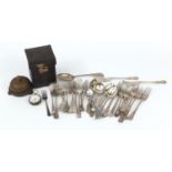 Miscellaneous items including a silver open face pocket watch, silver plated cutlery and a leather