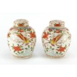 Pair of Chinese porcelain jars with covers, each hand painted with birds of paradise amongst