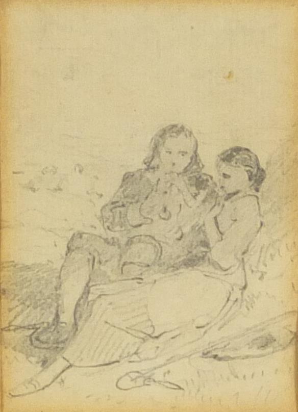 John Absolon RI - Courting couple, pencil on paper, label verso, mounted and framed, 9cm x 6cm :