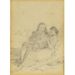 John Absolon RI - Courting couple, pencil on paper, label verso, mounted and framed, 9cm x 6cm :