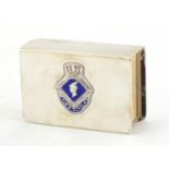 Silver matchbox case with enamelled HMS Hermes crest, impressed Sterling to the base, 6cm wide, 42.