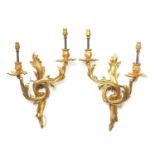 Pair of Rococo style two branch brass wall sconces, 45cm high :For Further Condition Reports