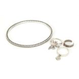 Pandora silver cubic zirconia bangle and three rings, 2.4g :For Further Condition Reports Please