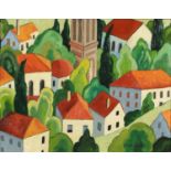 Townscape with trees, Russian school oil on board, bearing a cyrllic signature, mounted and