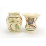 Two Honiton vases, both hand painted with stylised flowers, the largest 18cm high :For Further