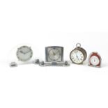 Clocks and thermometers including two Art Deco chrome and perspex examples, the largest 22cm wide :