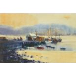 Moored boats, oil, bearing a signature McDowell, mounted and framed, 44cm x 29cm :For Further