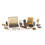 Miscellaneous items including silver plated cutlery, Arts & Crafts pewter jug, and carved wood