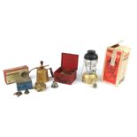 Four vintage lanterns and burners including a Tilley Stormlight and a vintage Pye radio :For Further
