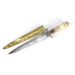 19th century dagger with bone and horn handle, engraved steel blade and brass sheath by Corsan