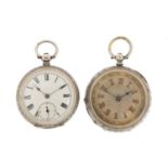 Two ladies silver open face pocket watches, one with ornate silvered dial, the largest 40mm in