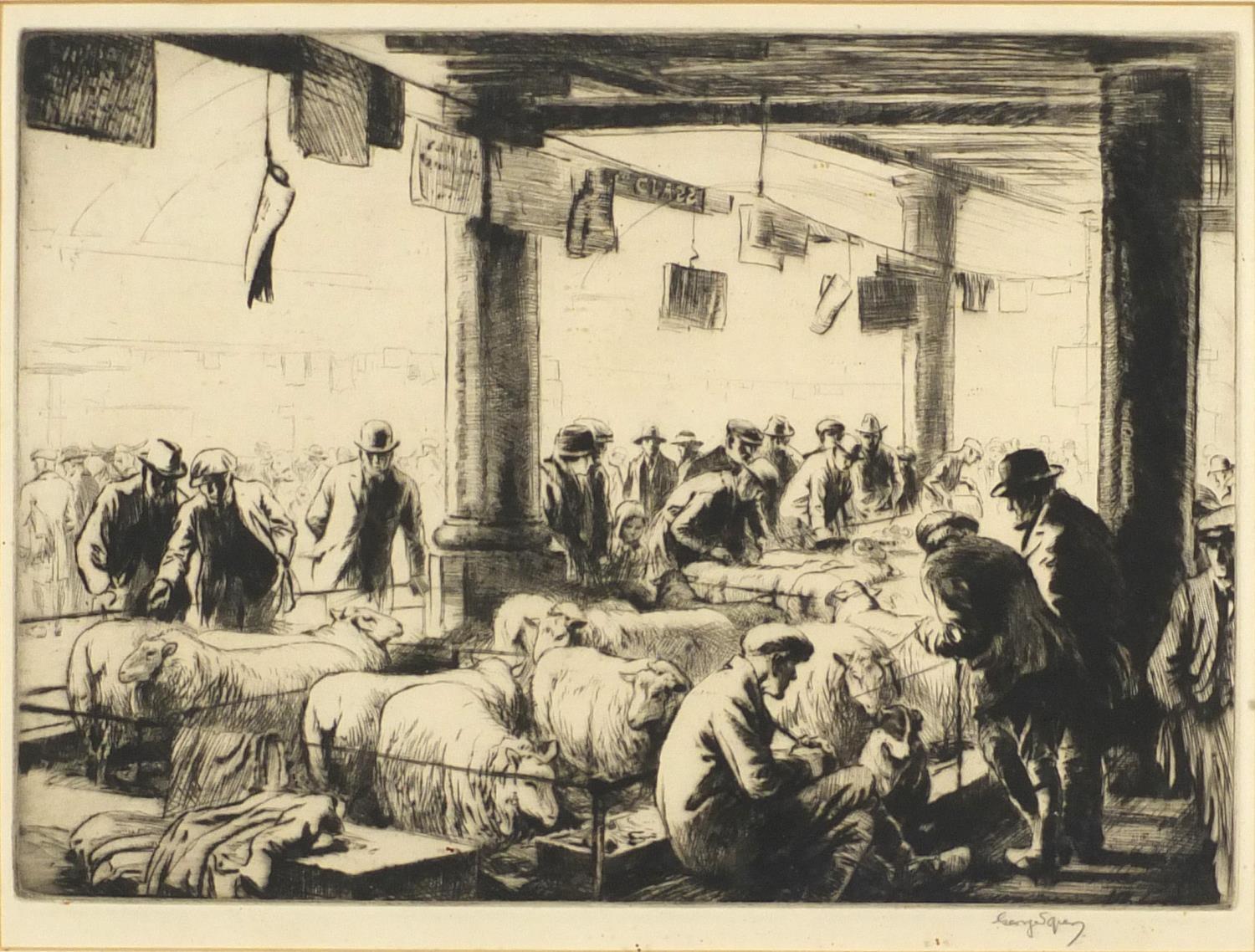 George Soper RE - The Sheep Market, pencil signed black and white etching, details verso, mounted