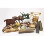 Miscellaneous items including a vintage telephone, onyx desk stand, leather horse, vintage roller