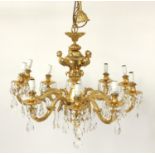 Good classical gilt brass/bronze ten branch chandelier with crystal drops, 78cm in diameter x 60cm