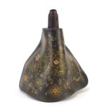 19th century Ottoman leather water flask hand painted with flowers, 27cm high :For Further Condition