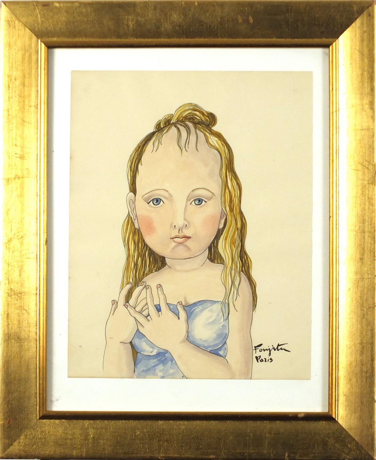 Manner of Léonard Tsuguharu Foujita - Portrait of a girl, watercolour, framed, 29cm x 23cm :For - Image 2 of 4