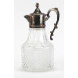 Glass claret jug with silver plated lid and handle, 25cm high :For Further Condition Reports