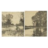 Norman Wilkinson - Under the Far Bank and The Rise, pair of black and white etchings, each signed,