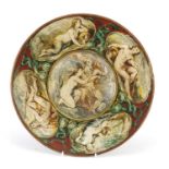 Antique Italian Majolica dish, hand painted with panels of nude figures, inscribed DM 1867 to the