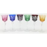 Set of six good quality Bohemian flashed cut wine glass glasses, each 21cm high :For Further