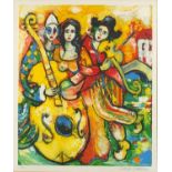 Raya Sealsine? coloured print of musicians, pencil signed and limited edition 178/300, mounted and