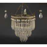 Three tier brass bag chandelier with cut glass drops, 29cm in diameter :For Further Condition