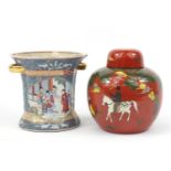 Chinese porcelain ginger jar with cover and vase with twin handles, the largest 18cm high :For