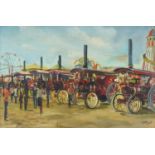 Manner of Fred Yates - Steam engines at a festival, oil on board, framed, 73.5cm x 48.5cm :For