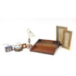 Miscellaneous items including mahogany work box, oak horseshoe barometer, table lamp and Chinese