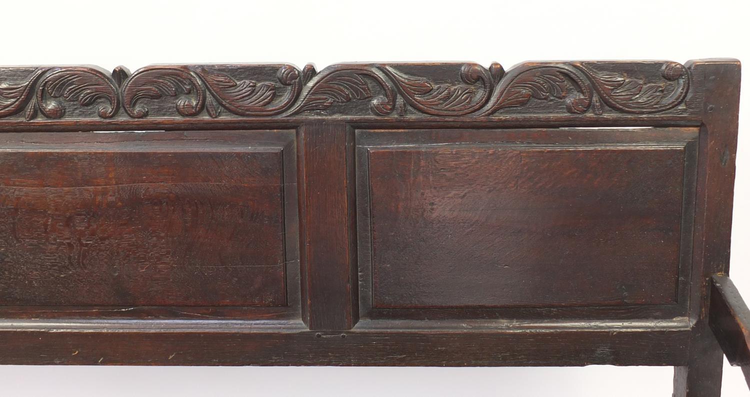 Antique oak hall bench carved with foliage, 101cm H x 182cm W x 66cm D :For Further Condition - Image 4 of 5