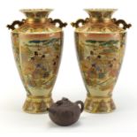 Pair of Chinese porcelain vases and a Yixing terracotta teapot, the largest each 31cm high :For