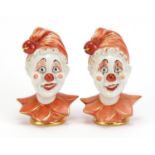 Pair of Italian hand painted porcelain busts of clowns, one with Cose Belle paper label, each 12cm