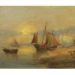 Coastal scene with moored boats, oil on board, bearing a monogram B, Stacy Marks label verso,