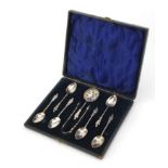 set of six Edward VII silver Apostle teaspoons, strainer and sugar tongs by T H Hazlewood & Co,