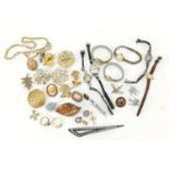 Costume jewellery including a ladies 9ct gold Accurist wristwatch, brooches and rings :For Further