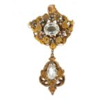 Victorian unmarked gold aquamarine and seed pearl pendant brooch (tests as 15ct), 8cm in length,