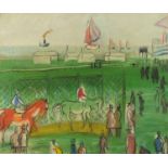 Manner of Raoul Dufy - Horse racing scene, oil on board, framed, 44cm x 36cm :For Further