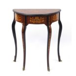 Dutch style mahogany demi lune table with marquetry inlay, frieze drawer and brass mounts, 76cm H