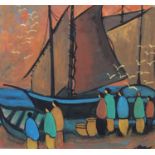 Manner of Markey Robinson - Awaiting the catch, Irish school gouache on paper, mounted, unframed,